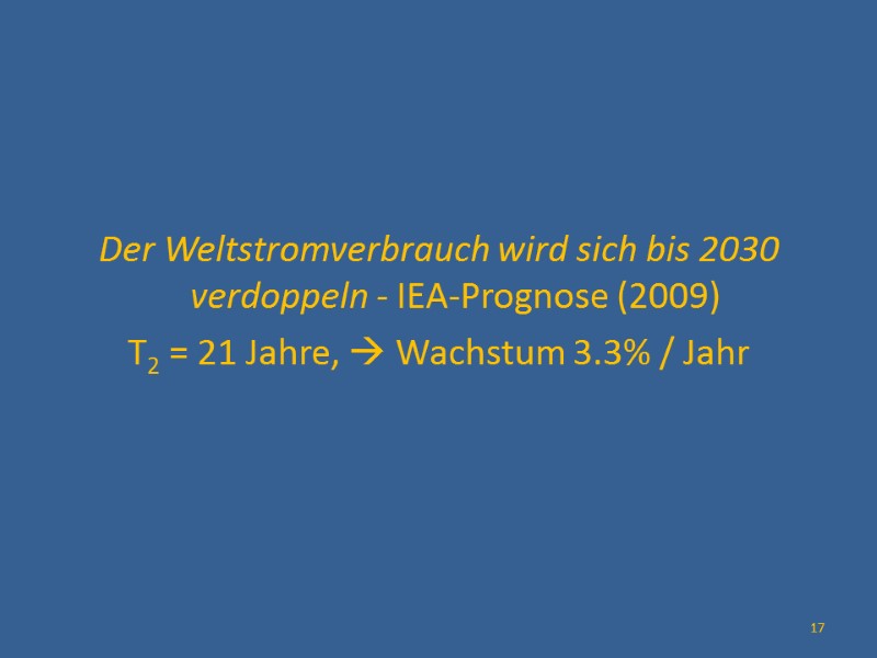 Der Weltstromverbrauch wird sich bis 2030 verdoppeln - IEA-Prognose (2009) T2 = 21 Jahre,